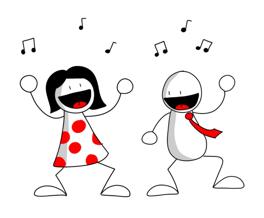 Happy cartoon woman and man dancing to music