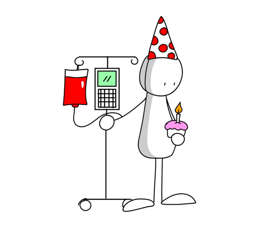 Man with a party hat and birthday cupcake standing next to an IV pole