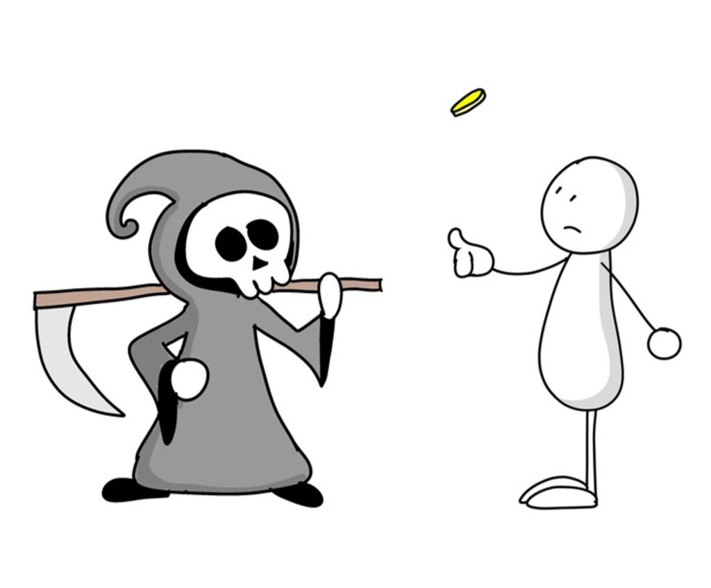 Cartoon grim reaper standing next to a man flipping a coin 